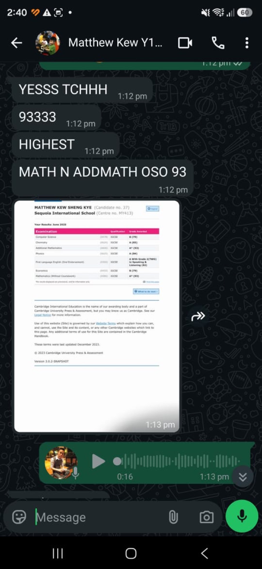 WhatsApp message from a student