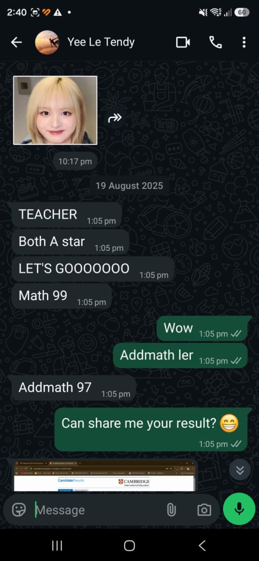 WhatsApp message from a student