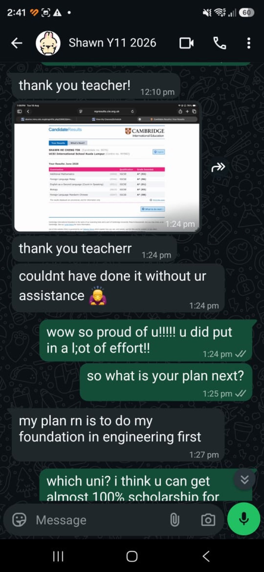 WhatsApp message from a student