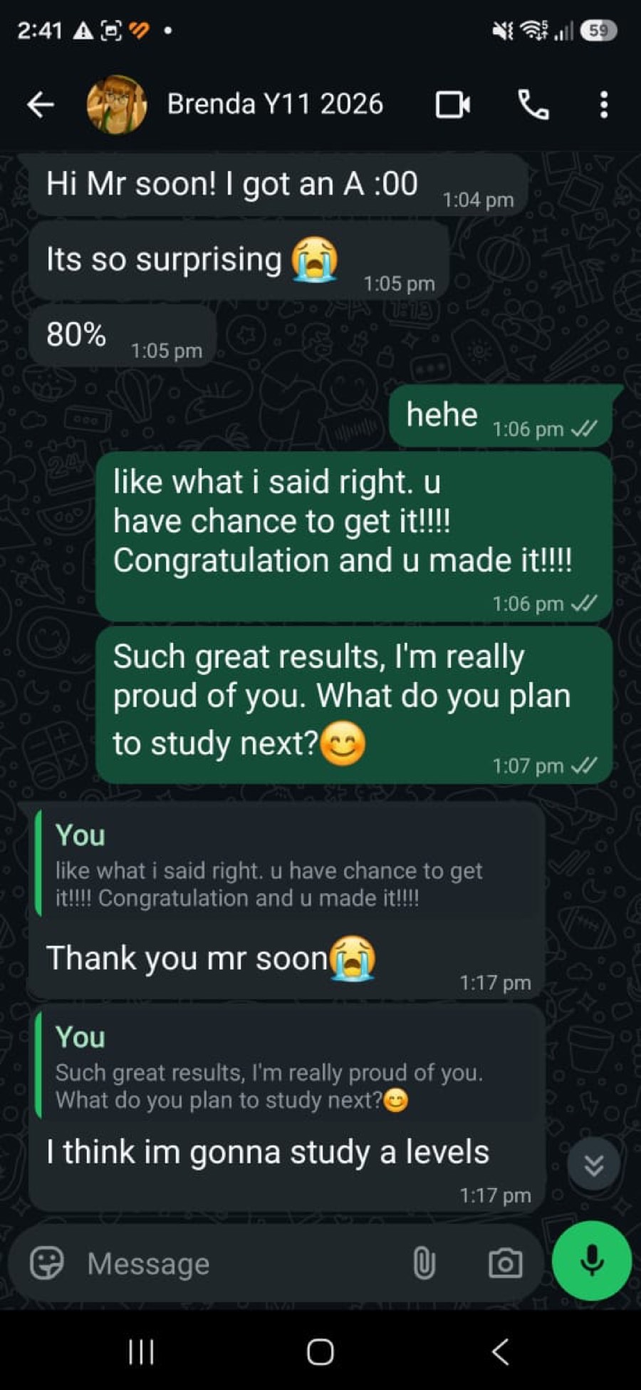 WhatsApp message from a student