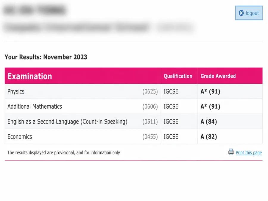 IGCSE exam result