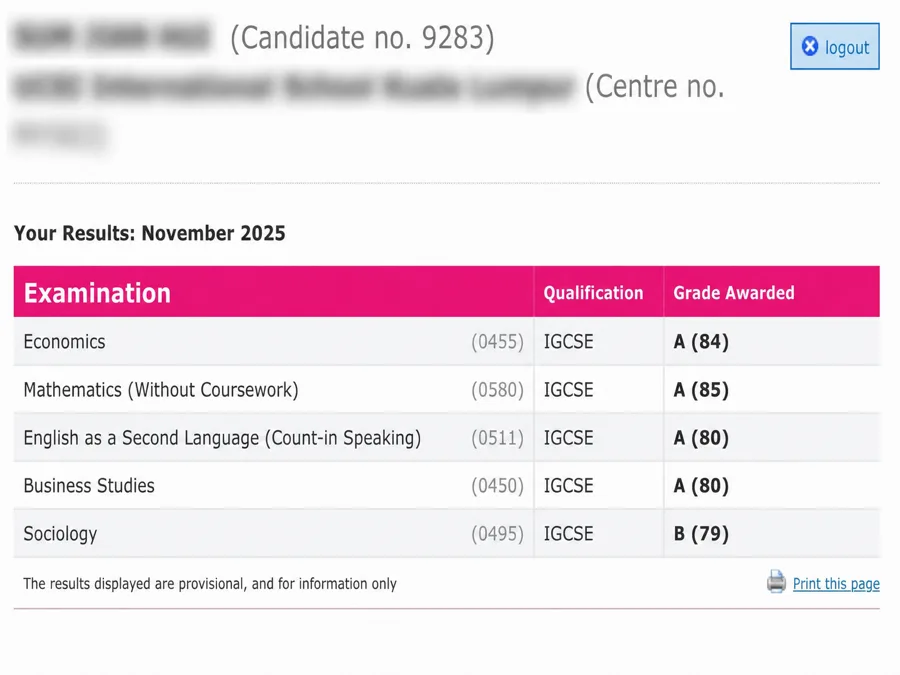 IGCSE exam result