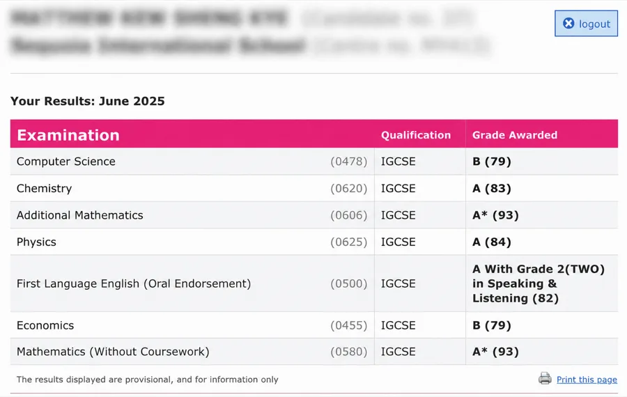 IGCSE exam result