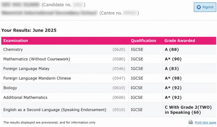 IGCSE exam result