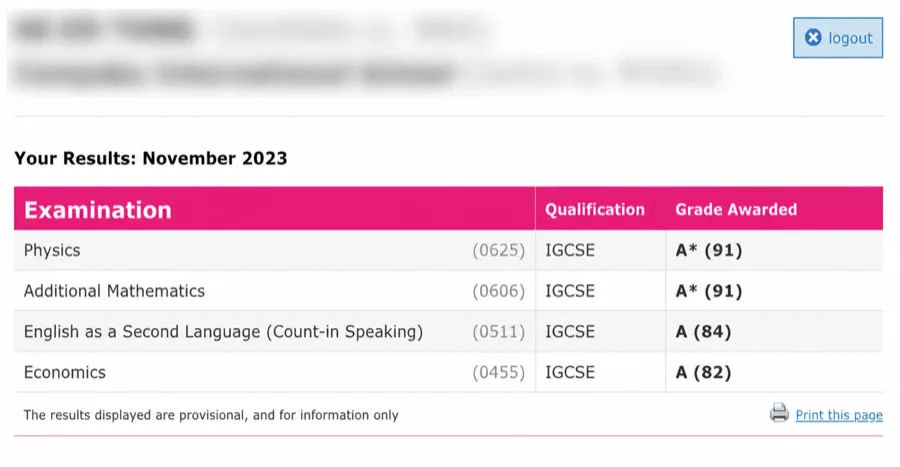IGCSE exam result