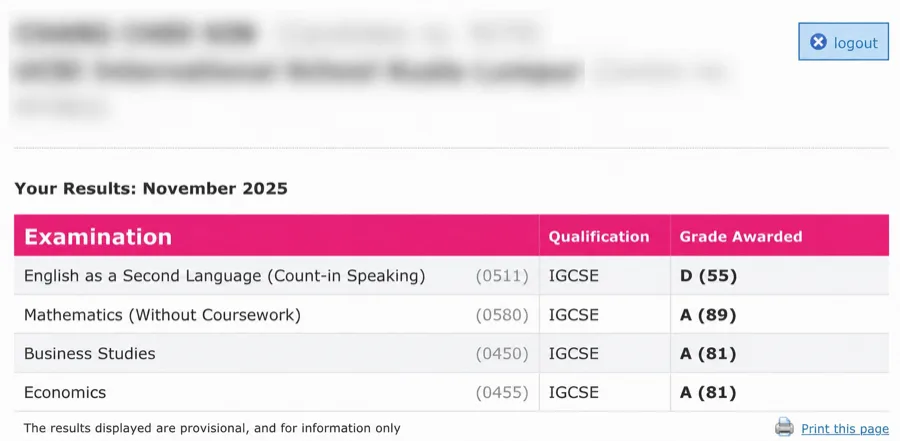 IGCSE exam result